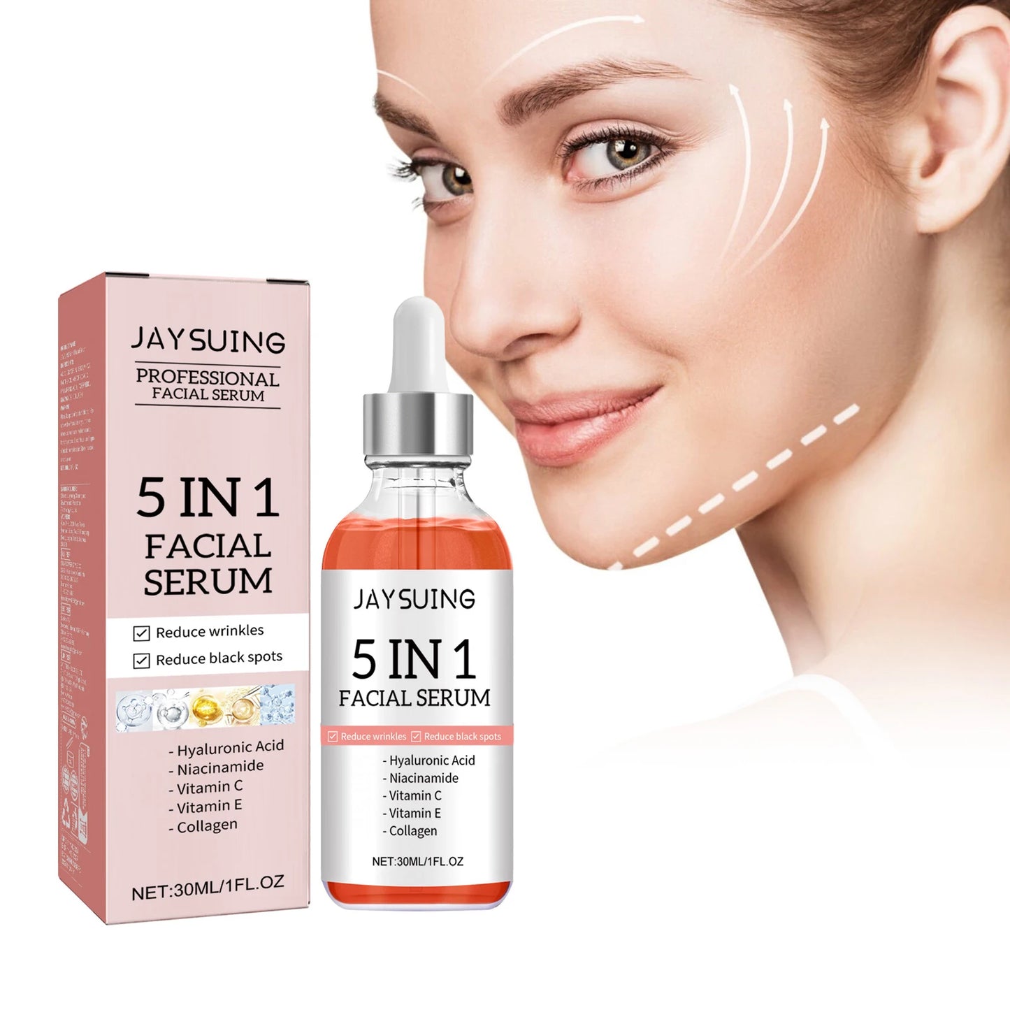 Jaysuing 5 in 1 Beautiful Skin Serum Squalane-Based for Home Use Moisturizes Shrinks Pores Firming and Lightening Acne Spots