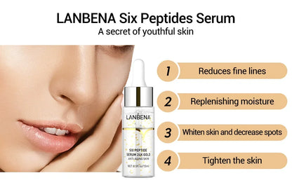 LANBENA 24k Gold Six Peptides Face Essence Anti-wrinkle Shrink Pore Whitening Moisturizing Hyaluronic Acid Fade Fine Line Serum