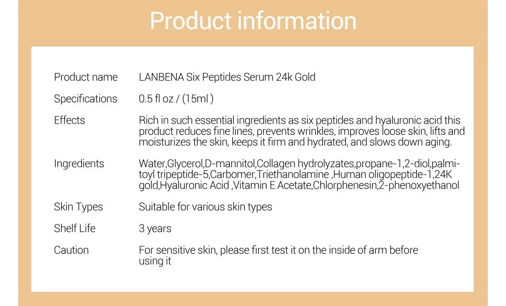 LANBENA 24k Gold Six Peptides Face Essence Anti-wrinkle Shrink Pore Whitening Moisturizing Hyaluronic Acid Fade Fine Line Serum