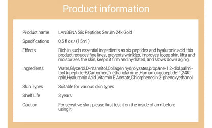 LANBENA 24k Gold Six Peptides Face Essence Anti-wrinkle Shrink Pore Whitening Moisturizing Hyaluronic Acid Fade Fine Line Serum