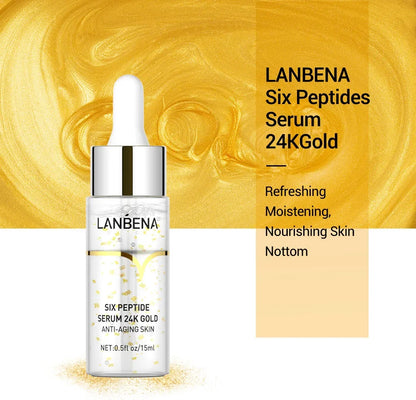 LANBENA 24k Gold Six Peptides Face Essence Anti-wrinkle Shrink Pore Whitening Moisturizing Hyaluronic Acid Fade Fine Line Serum