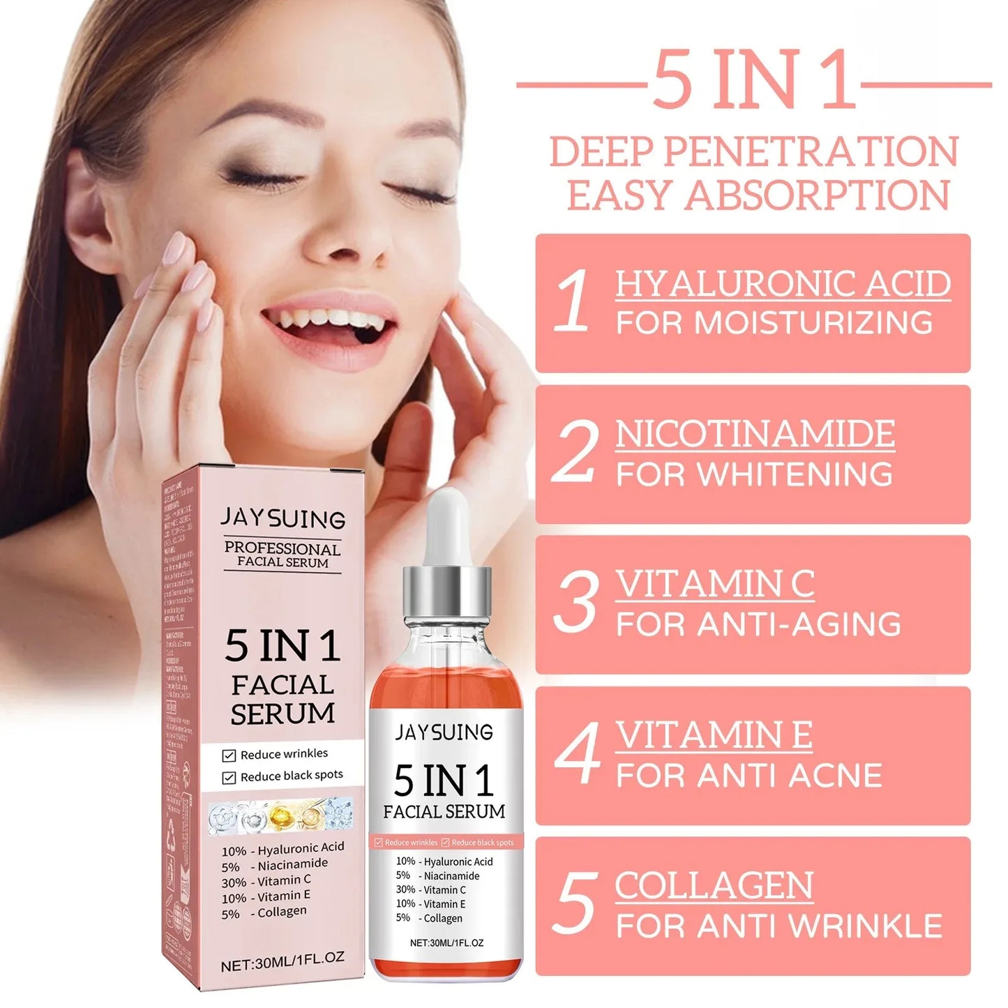 1/2/3pcs 5 In 1 Facial Serum Fade Fine Lines Firming Skin Shrink Pore Moisturizing Brightning Hyaluronic Acid Retinol Face Serum
