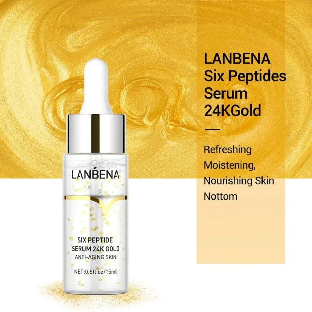 LANBENA 24k Gold Six Peptides Face Essence Anti-wrinkle Shrink Pore Whitening Moisturizing Hyaluronic Acid Fade Fine Line Serum